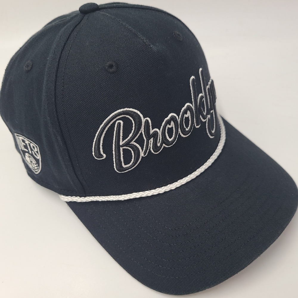 Brooklyn Nets Hat Snapback 47 Brand Hitch Black White Rope NBA Script Logo Men